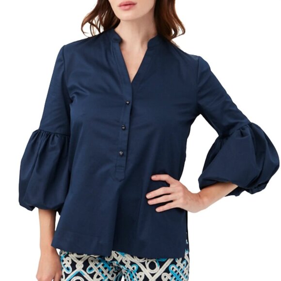 Trina Turk 'Freshwater' Cotton-Sateen Puff-Sleeve Top, Indigo Blue - Picture 1 of 2